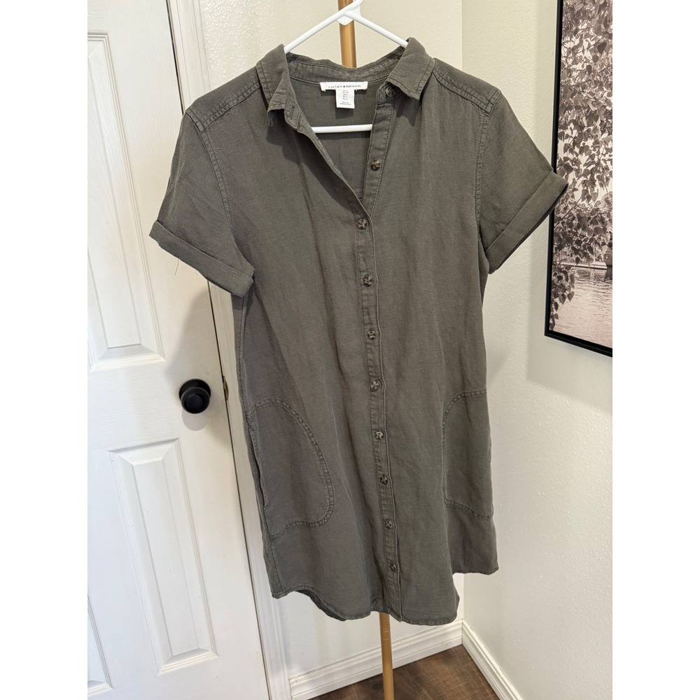 Lucky Brand Olive Green Linen Blend Shirt Dress‎ Button Front Pockets Size S